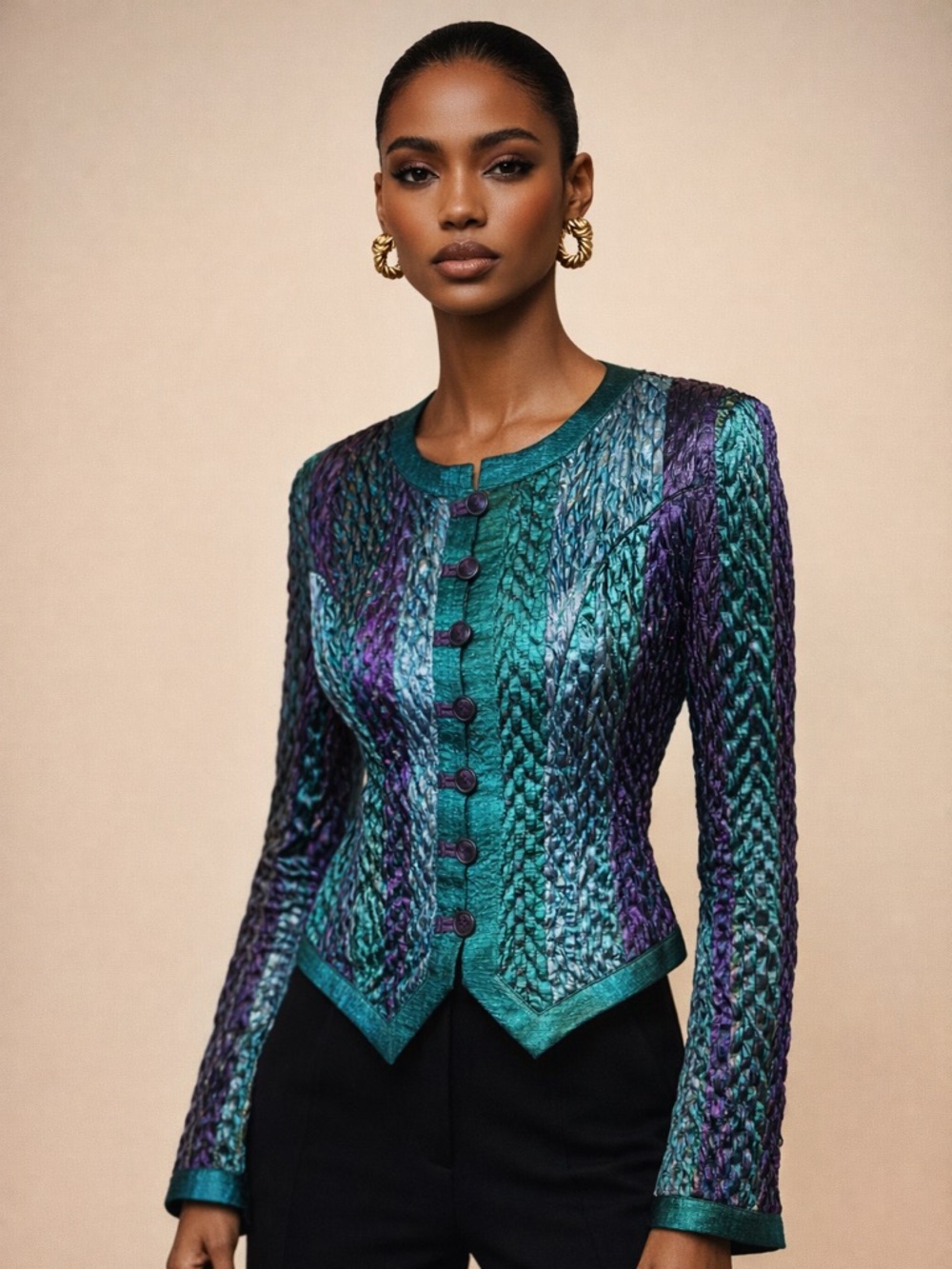 Vintage Jeanne Marc Braided Texture, Teal & Purple Jacket Size Small